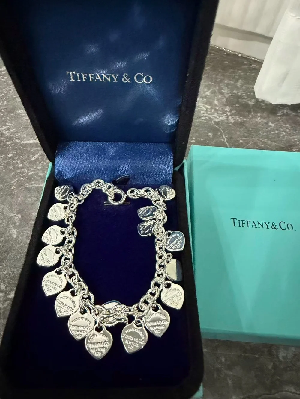 Tiffany & Co. . Silver Heart Charm Bracelet with Signature Blue Box